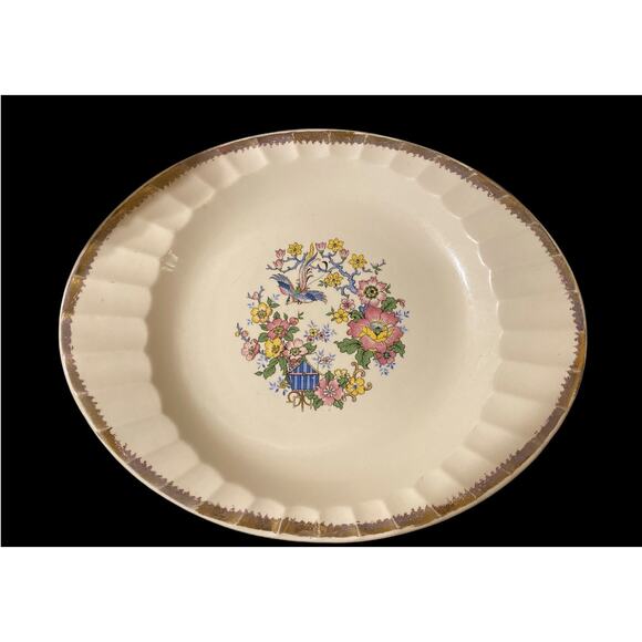 Cronin China Oval Serving Platter Gold Trim Bird &  Flowers 10.5x13 Vintage - Picture 1 of 4